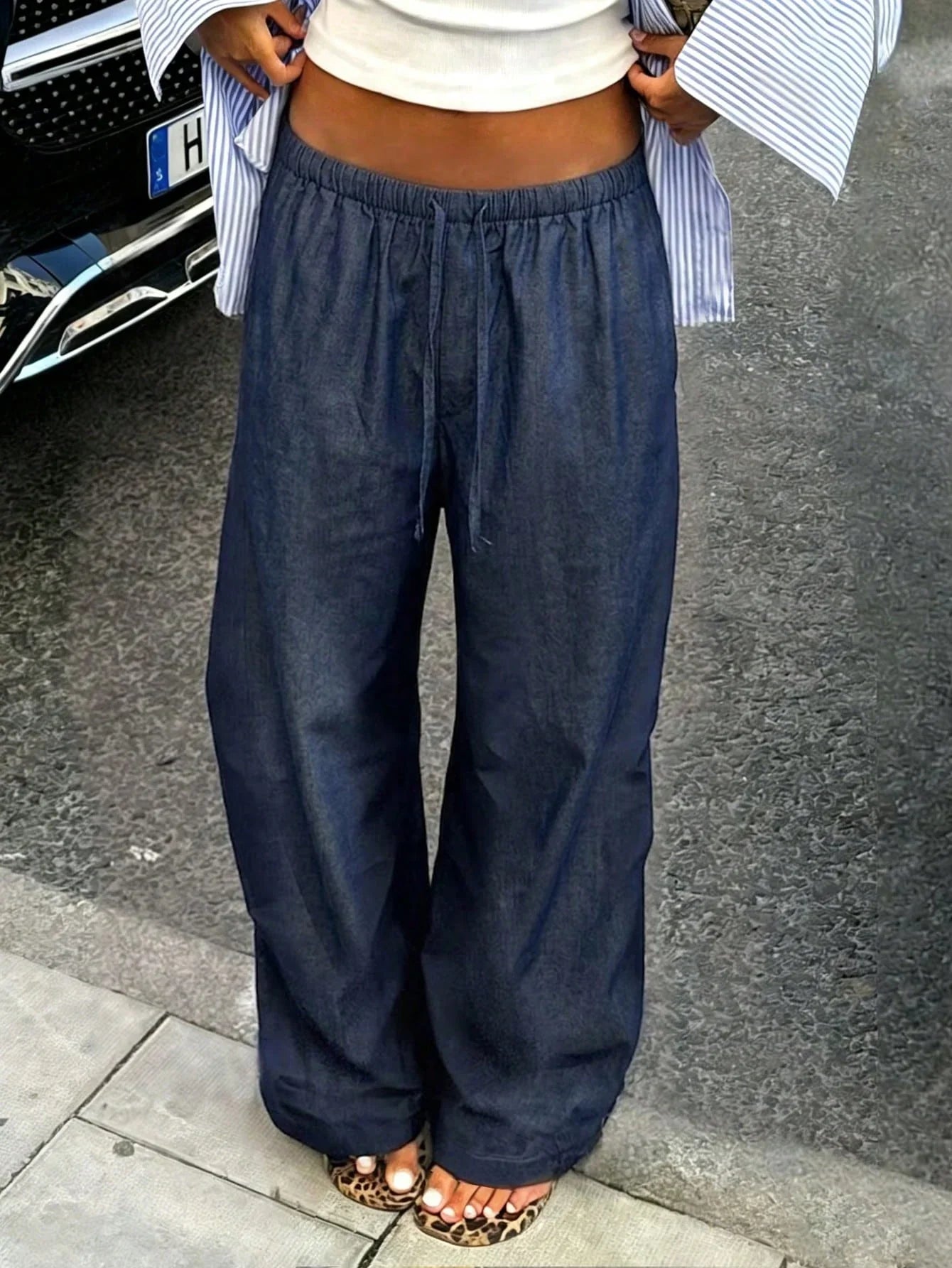 Deep Blue wide-leg drawstring pants