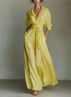 Lemon yellow cotton-linen maxi shirt dress with tie waist and half sleeves, front view