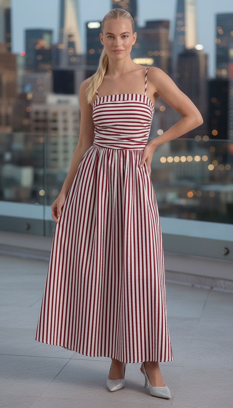 Red striped flowy maxi dress, front view