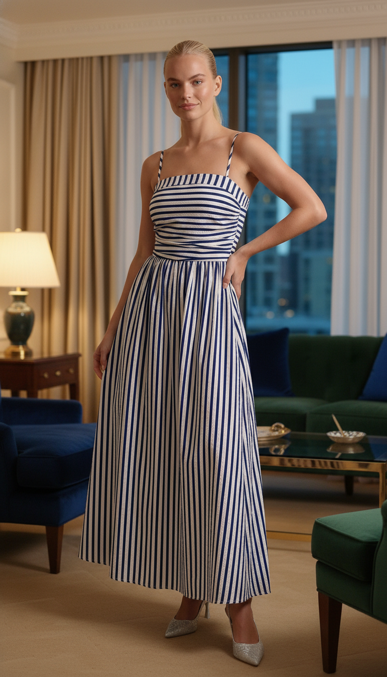 Blue striped flowy summer maxi dress detail