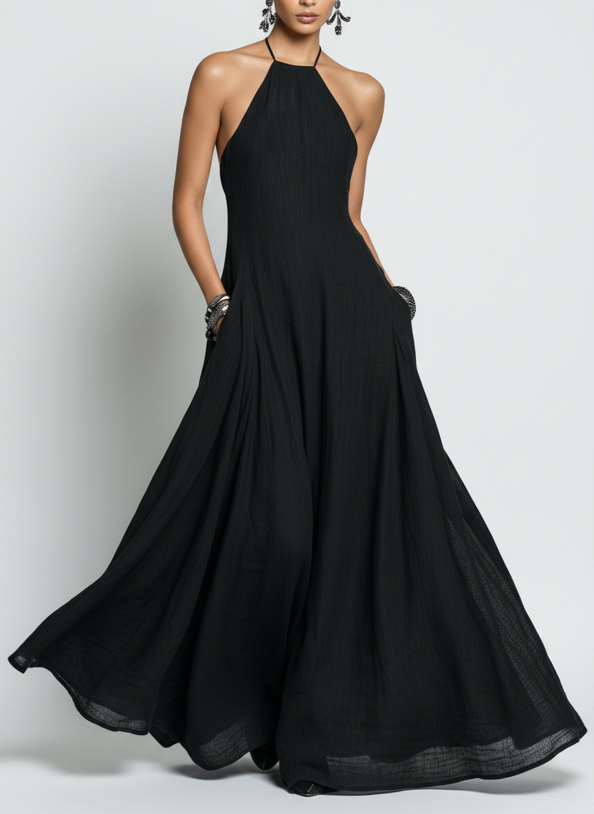 Purple sleeveless maxi dress with halter neckline