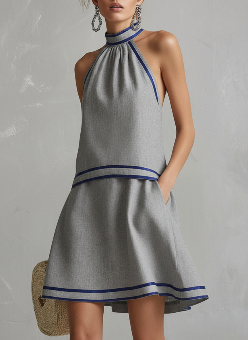 Halter neckline detail of the summer cotton-linen mini dress