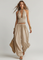Women's Two-Piece Set — Halter Crop Top & Harem Pants