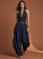 Women's Two-Piece Set — Halter Crop Top & Harem Pants