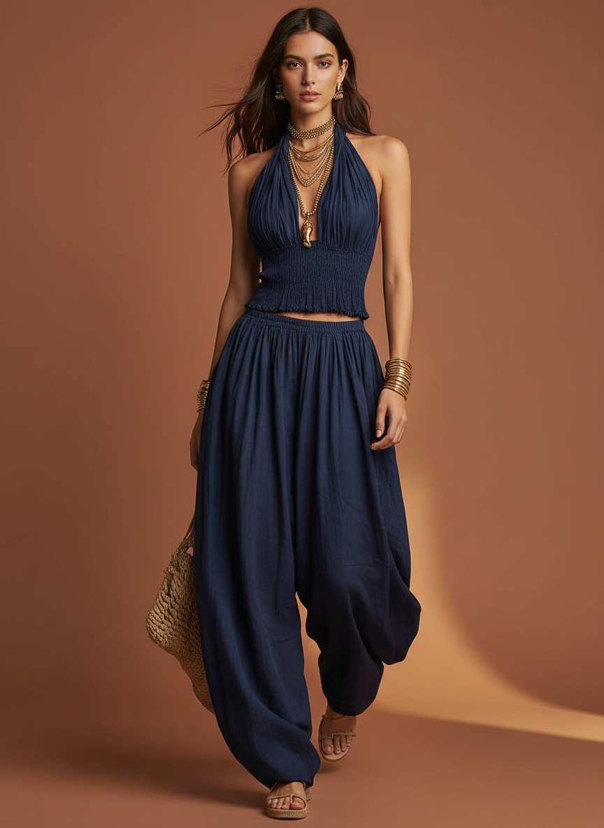 Women's Two-Piece Set — Halter Crop Top & Harem Pants