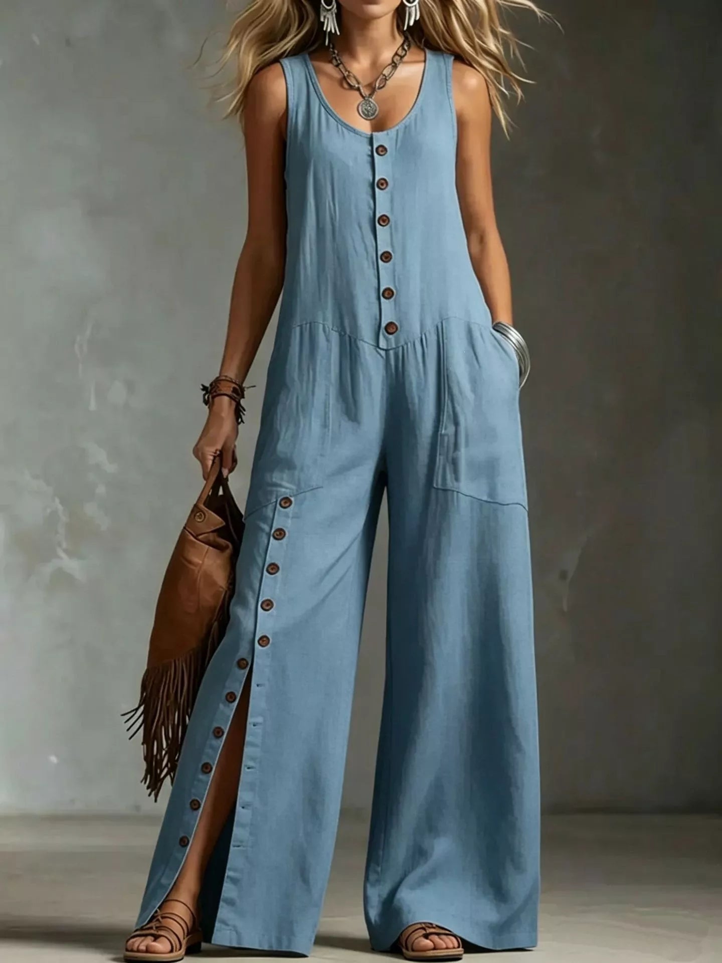 Sleeveless wide-leg jumpsuit in Blue - front view