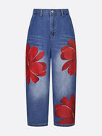 Floral-print wide-leg jeans detail