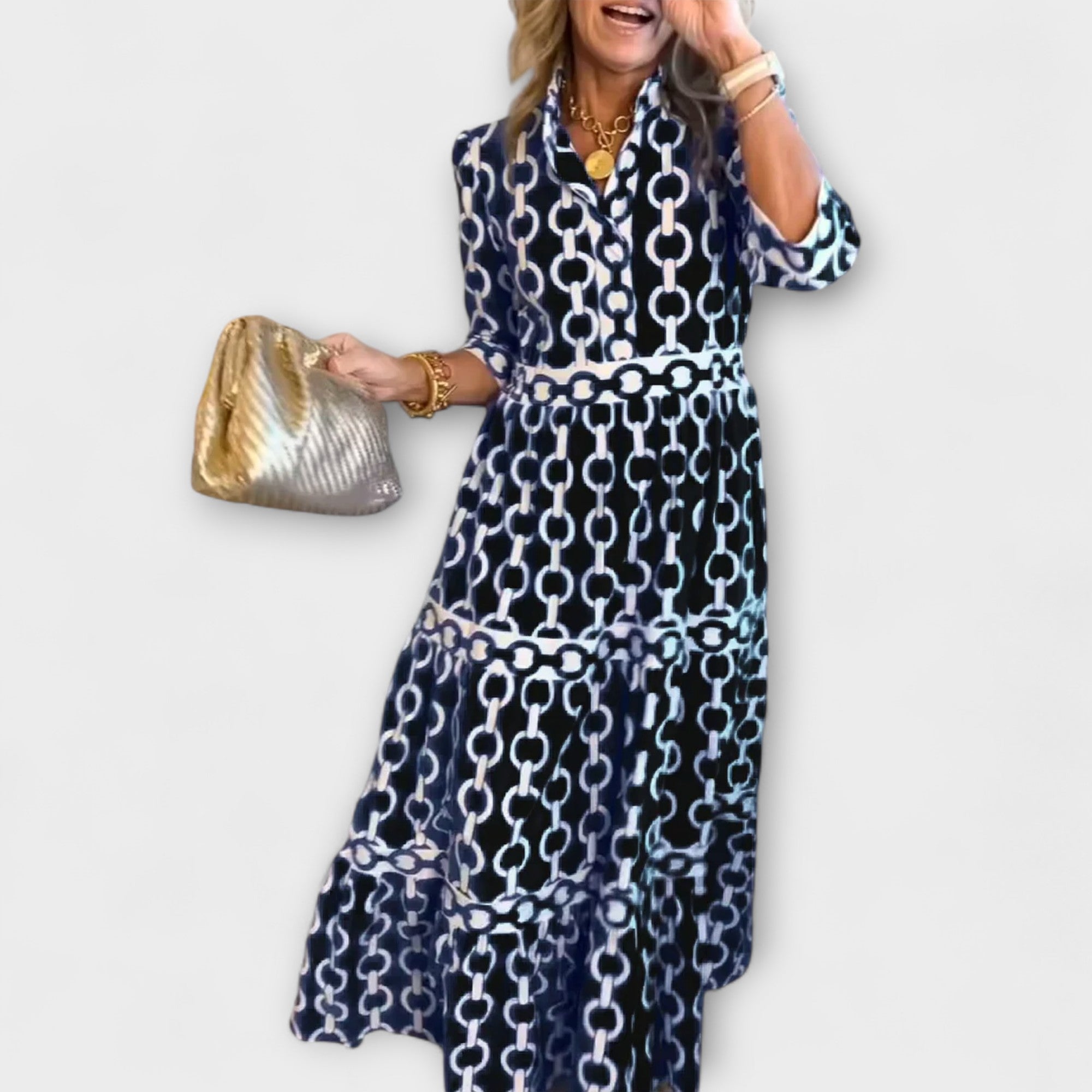 Black chain-print midi dress