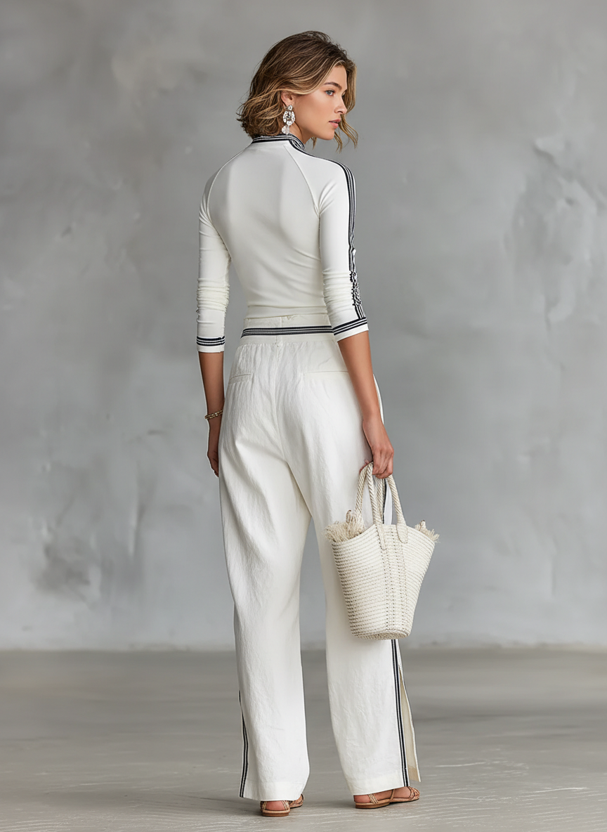 Half-high-neck long-sleeved activewear top paired with matching drawstring pants