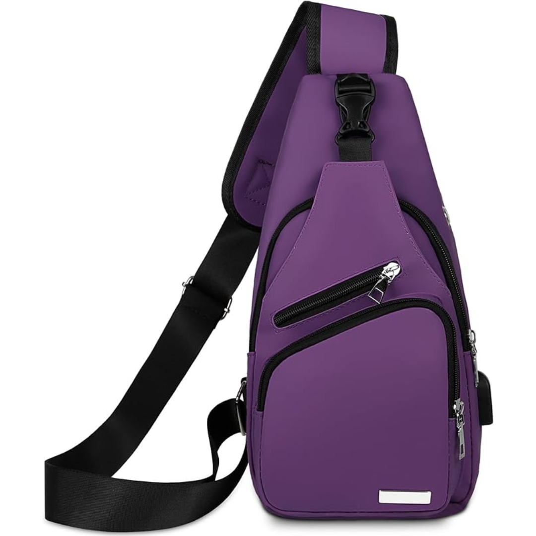 Waterproof sling bag showing multiple pockets