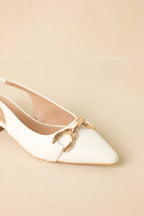 White pointed-toe slingback block heels - low block heel detail