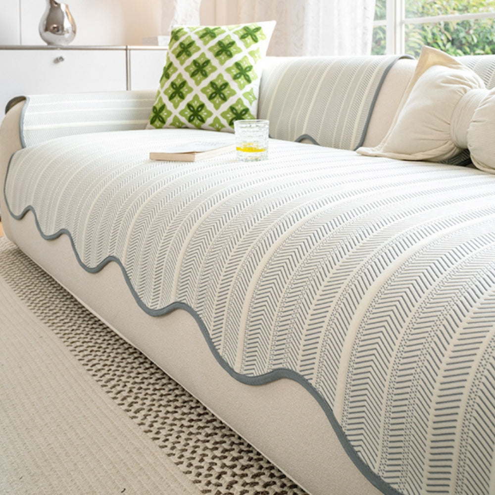 Mist Chevron herringbone scallop-edge sofa cover