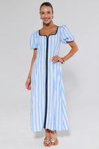 Avara x Natasha | Blue Striped Maxi Dress with Square Neckline | Elegant A-Line Silhouette for Effortless Styling