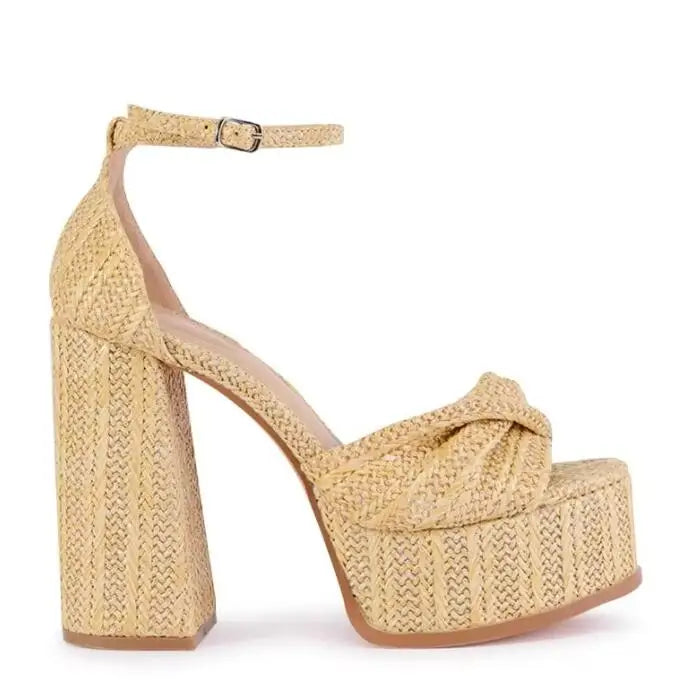 Woven Cane-Strap Platform Heel Sandals — Women's