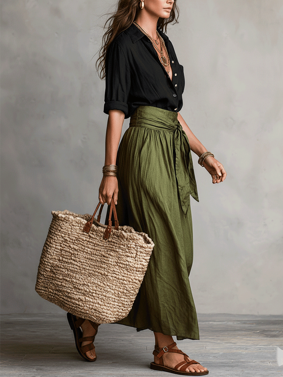 Bohemian Chic | Women's Black & Olive Satin Midi Matching Set | Effortless Style
