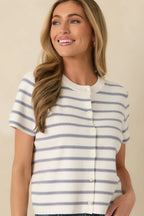 Women's Casual Authority Navy Stripe Knit Button Front Short Sleeve Top | 70% Viscose & 30% Nylon 6