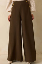 Women's Chart the Course Dark Brown Wide Leg Button Pants | 95% Polyester & 4% Spandex 3
