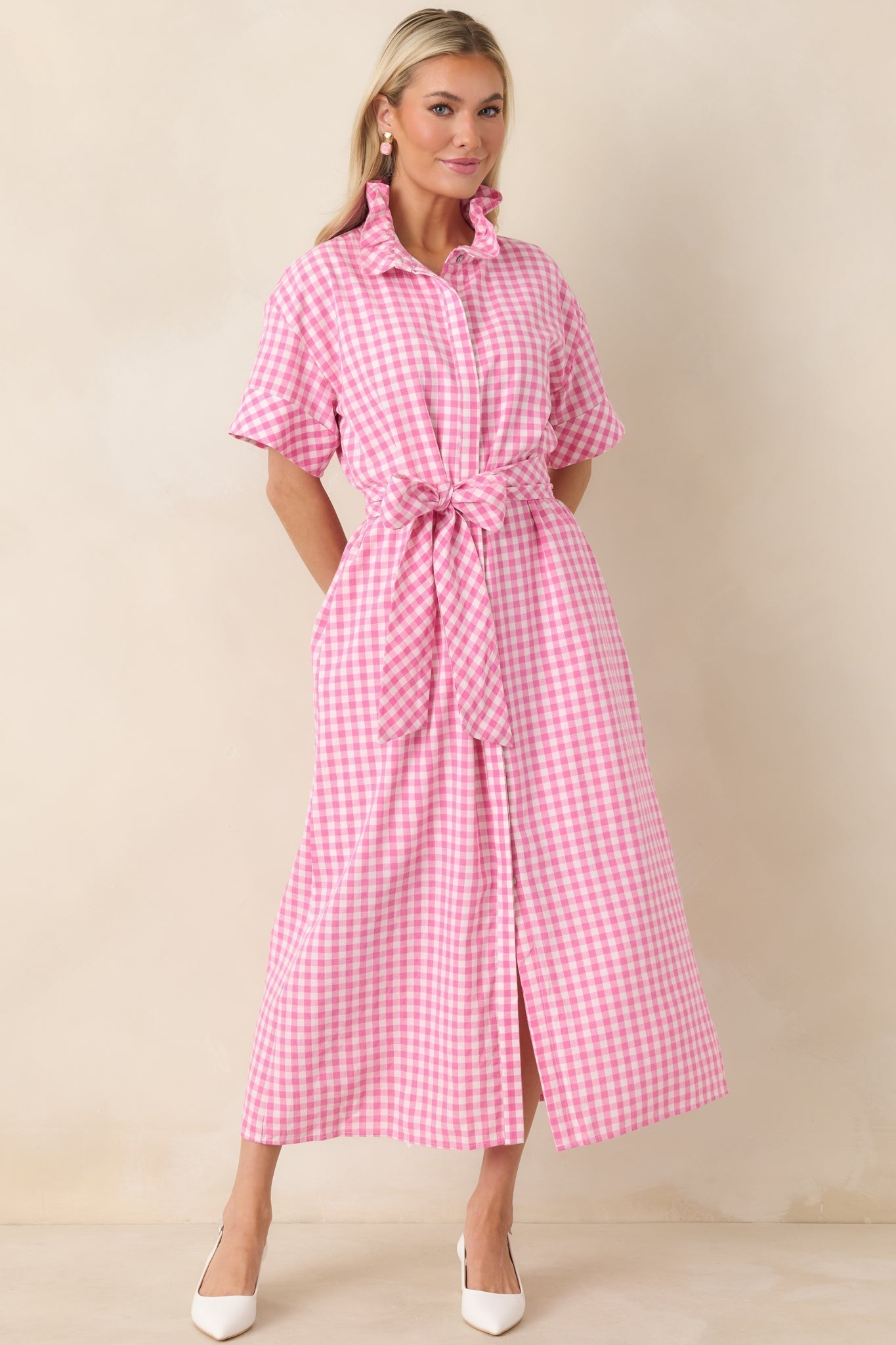 Women's Check Me Out Pink Gingham Ruffle Collar Belted Maxi Dress | 72% Cotton 2