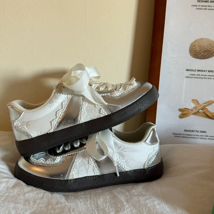 Chic Lace-Up Sneakers | Stylish Footwear with Satin Ribbon Laces | Trendy Soft Girl Aesthetic for Effortless Fashion