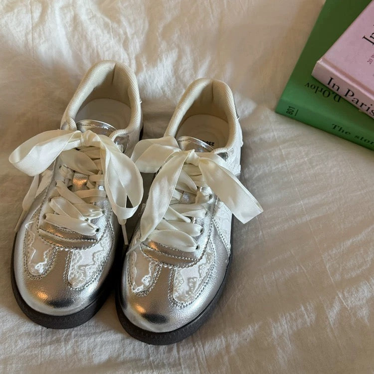Chic Lace-Up Sneakers | Stylish Footwear with Satin Ribbon Laces | Trendy Soft Girl Aesthetic for Effortless Fashion
