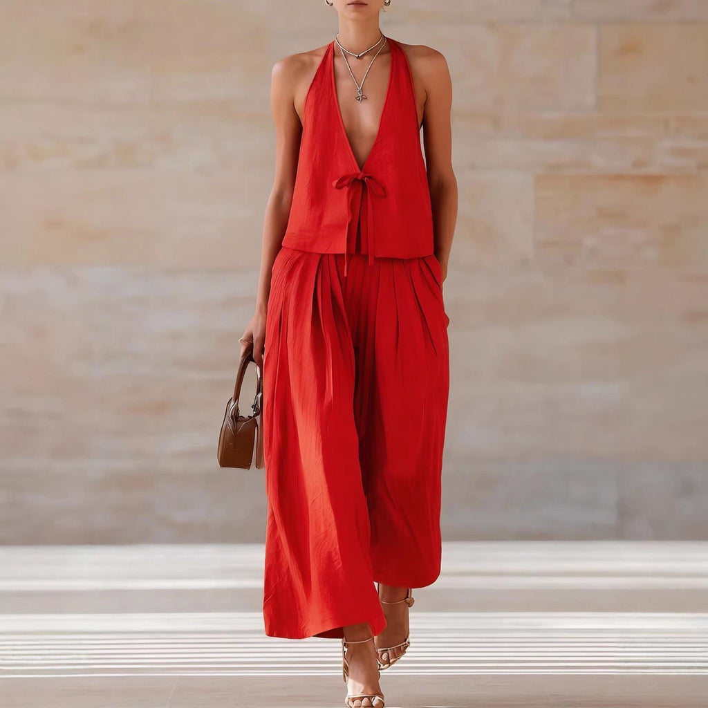 Chic Women's Sleeveless Vest & Wide-Leg Matching Set | Lace-Up Summer Co-Ord