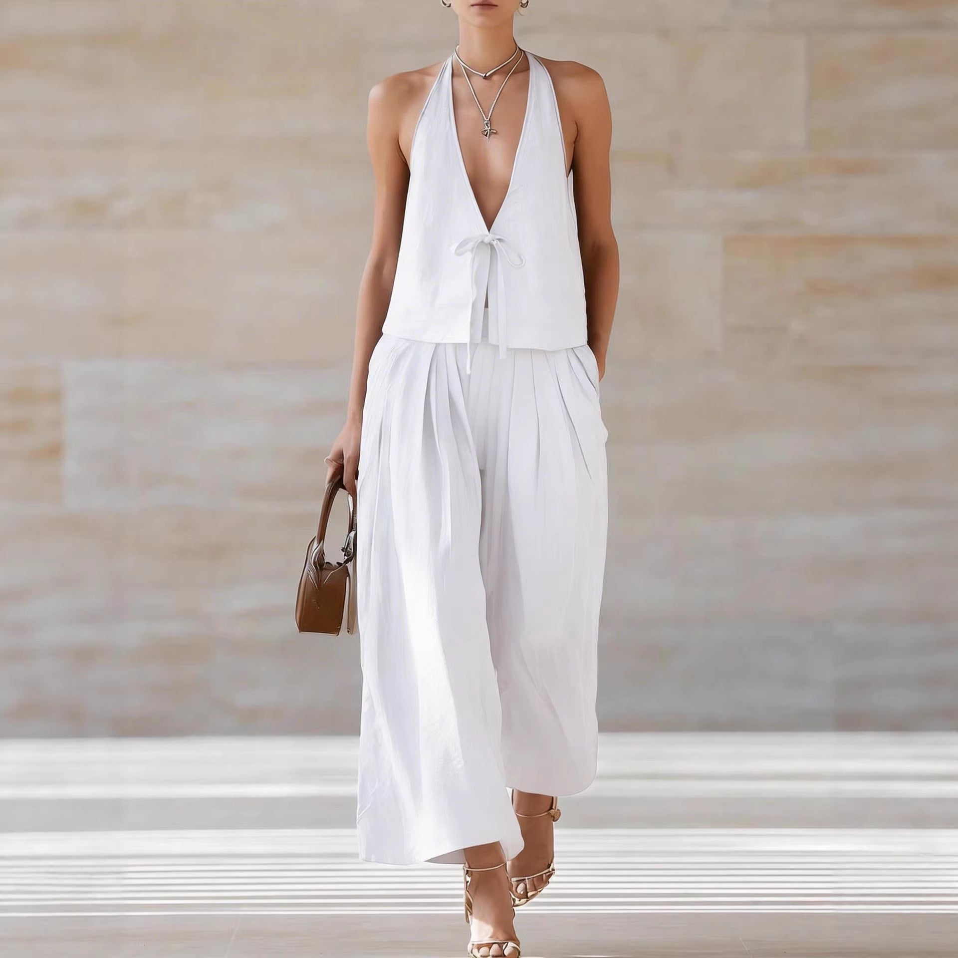 Chic Women's Sleeveless Vest & Wide-Leg Matching Set | Lace-Up Summer Co-Ord