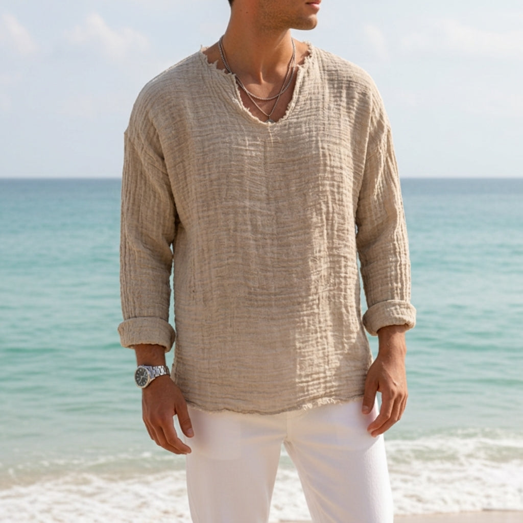 Coastal Breeze | Linen-Cotton Blend V-Neck Shirt with Relaxed Fit | Perfect for Casual Days Out