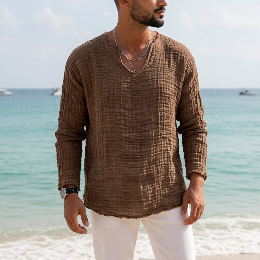 Coastal Breeze | Linen-Cotton Blend V-Neck Shirt with Relaxed Fit | Perfect for Casual Days Out