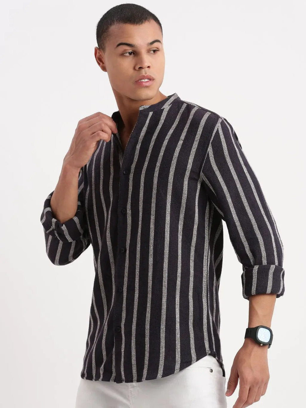 Contemporary Style | Men's Shirt with Mandarin Collar & Stripes | Versatile Design for All-Day Comfort