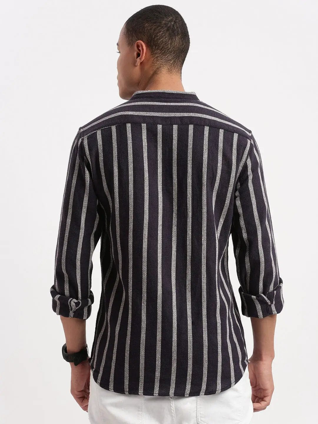 Contemporary Style | Men's Shirt with Mandarin Collar & Stripes | Versatile Design for All-Day Comfort