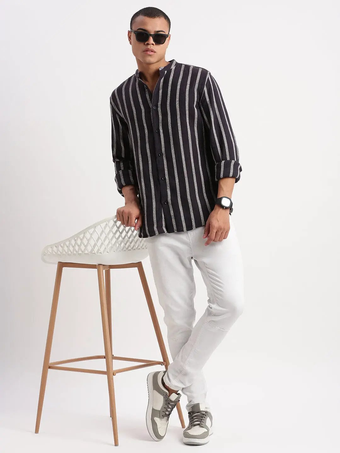 Contemporary Style | Men's Shirt with Mandarin Collar & Stripes | Versatile Design for All-Day Comfort