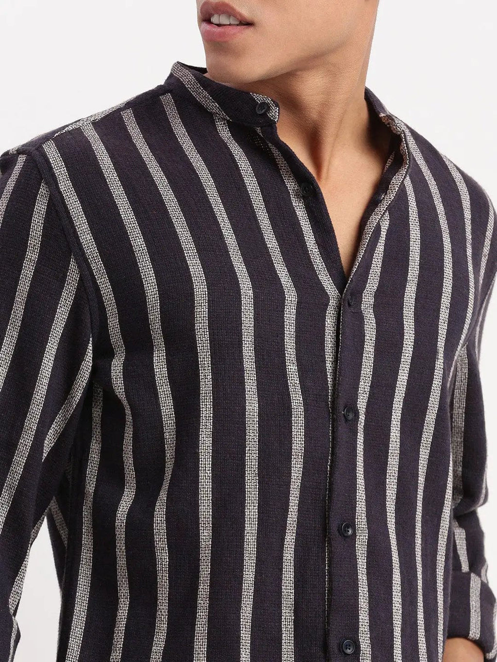 Contemporary Style | Men's Shirt with Mandarin Collar & Stripes | Versatile Design for All-Day Comfort
