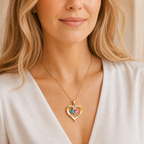 Model wearing birthstone heart pendant