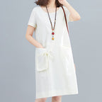 Cotton Linen Midi Dress – Women's Summer Dress with Pockets –...