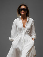 Effortless Chic | Women's White Dress with Shirt Collar & Elastic Waist | Stylish Comfort for All Seasons