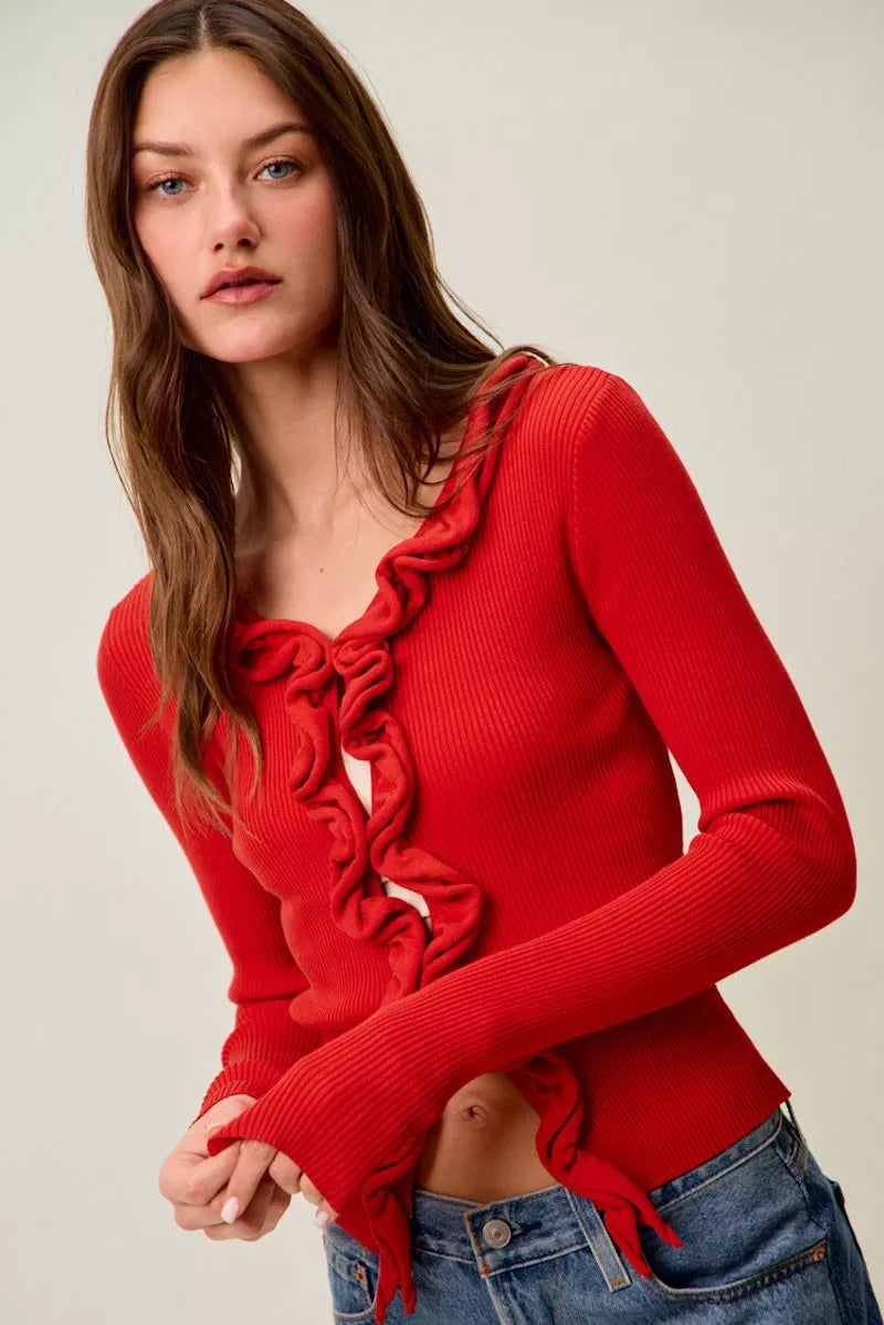 Elegant Cascade Ruffle Cardigan Sweater with Ruffled Detail | Stylish Layering for Women