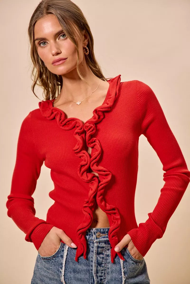 Elegant Cascade Ruffle Cardigan Sweater with Ruffled Detail | Stylish Layering for Women