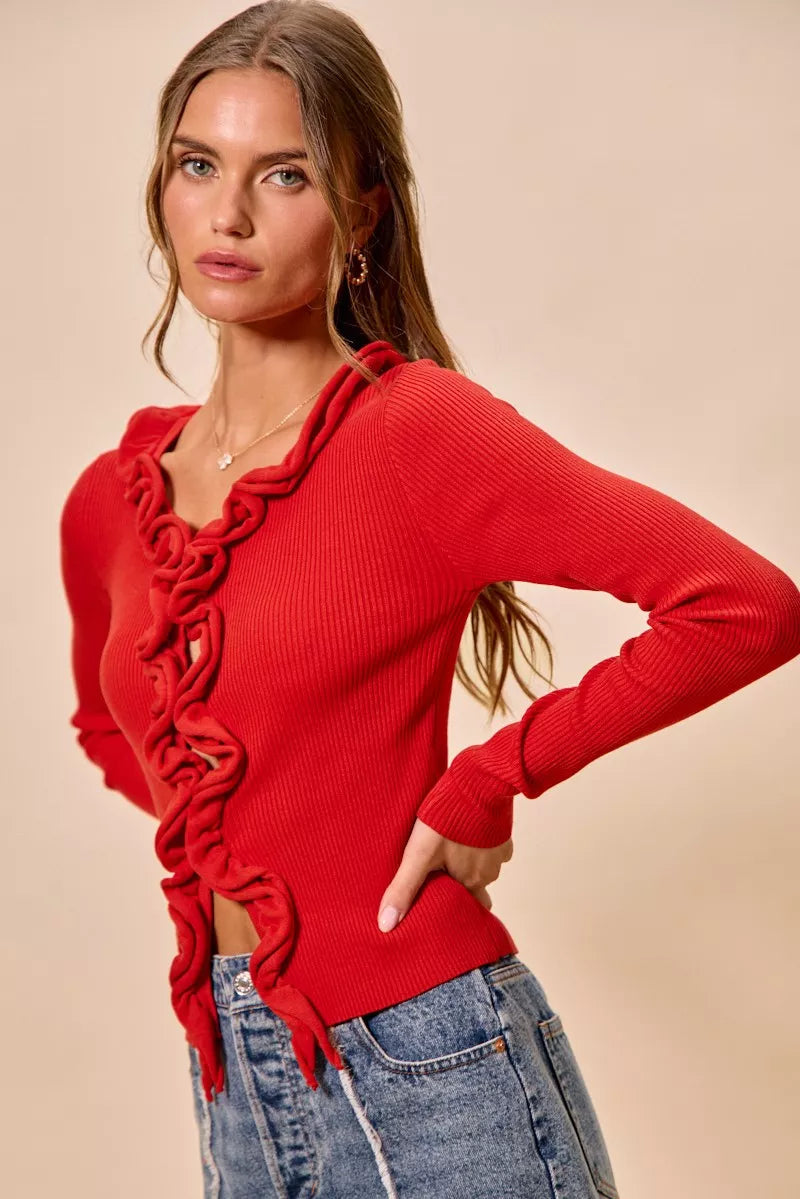 Elegant Cascade Ruffle Cardigan Sweater with Ruffled Detail | Stylish Layering for Women