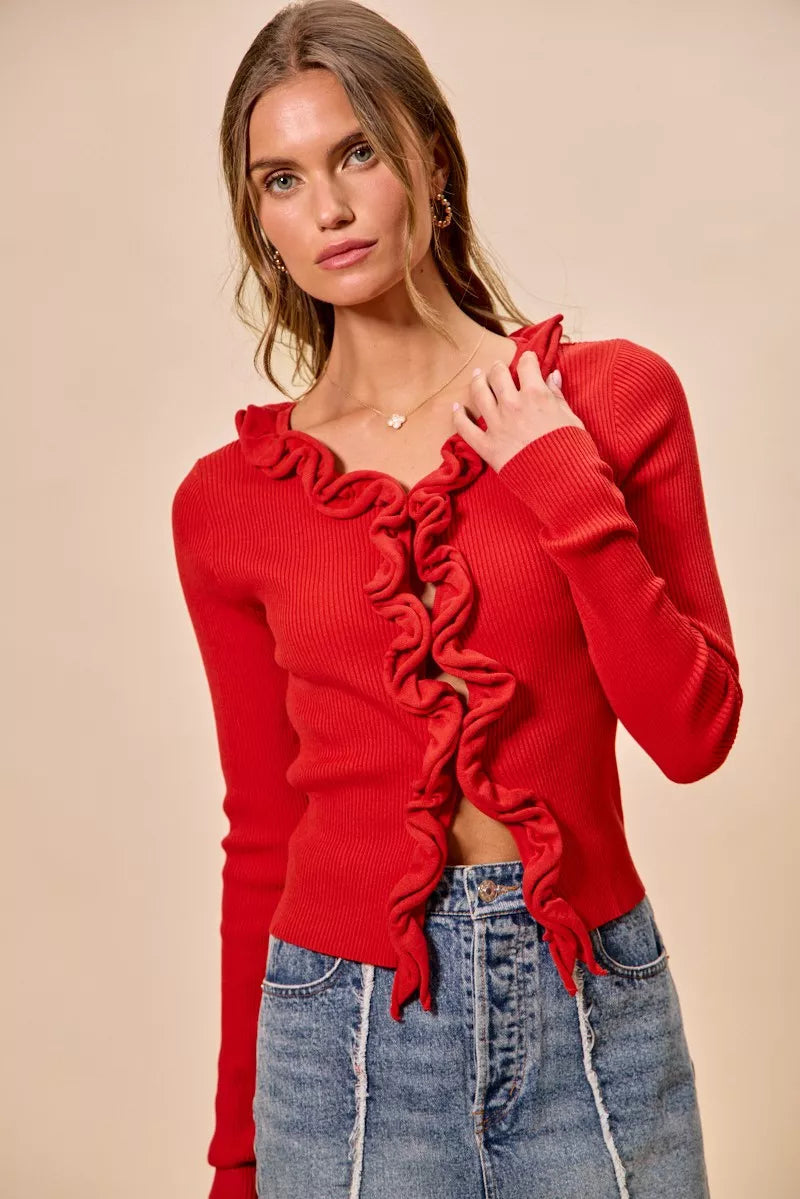 Elegant Cascade Ruffle Cardigan Sweater with Ruffled Detail | Stylish Layering for Women