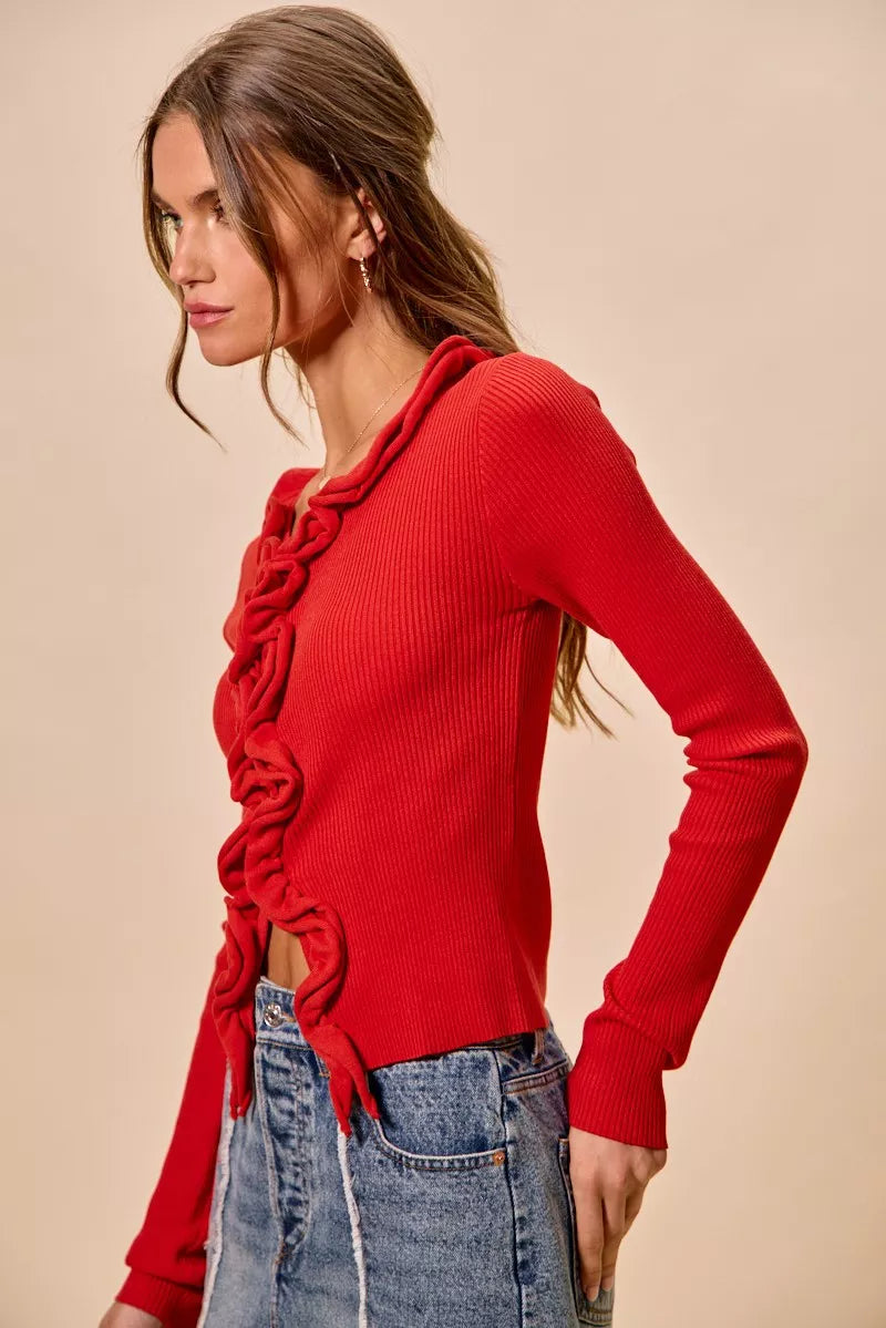 Elegant Cascade Ruffle Cardigan Sweater with Ruffled Detail | Stylish Layering for Women