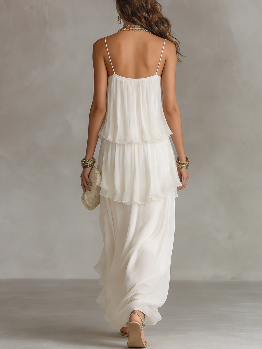 Sheer Tiered Chiffon Maxi Dress — Elegant Formal Gown