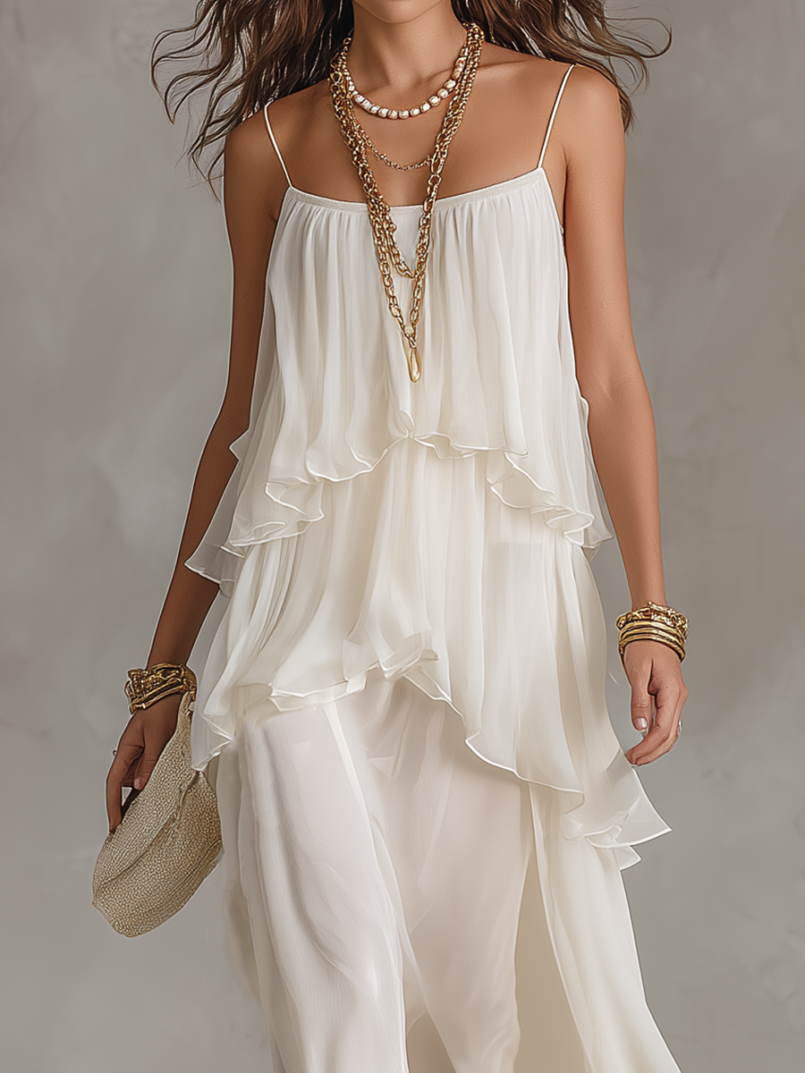 Sheer Tiered Chiffon Maxi Dress — Elegant Formal Gown