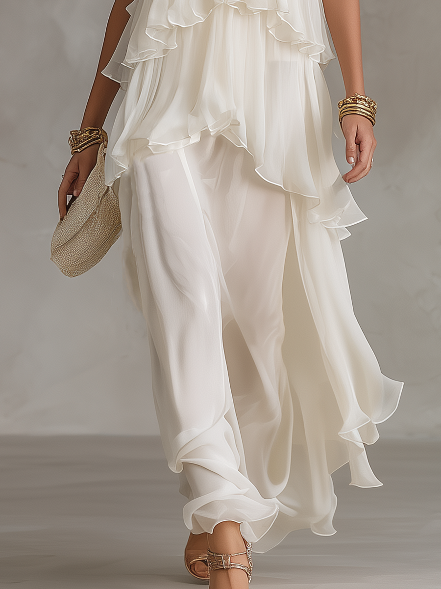 Sheer Tiered Chiffon Maxi Dress — Elegant Formal Gown