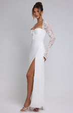 Long Sleeve Maxi Dress with Sheer Lace Sleeves – Flattering Gown
