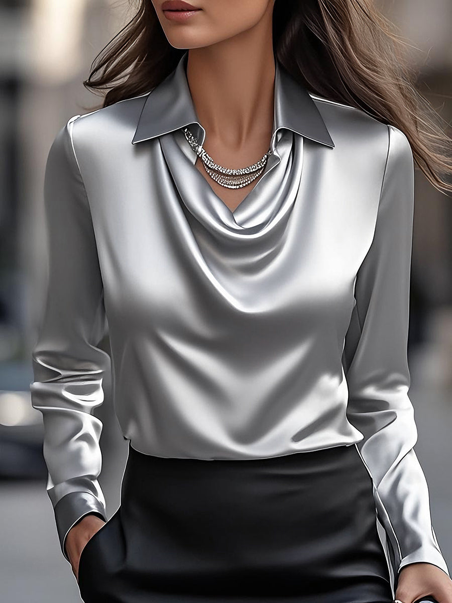 White Draped-Neck Blouse — Women's Elegant Top