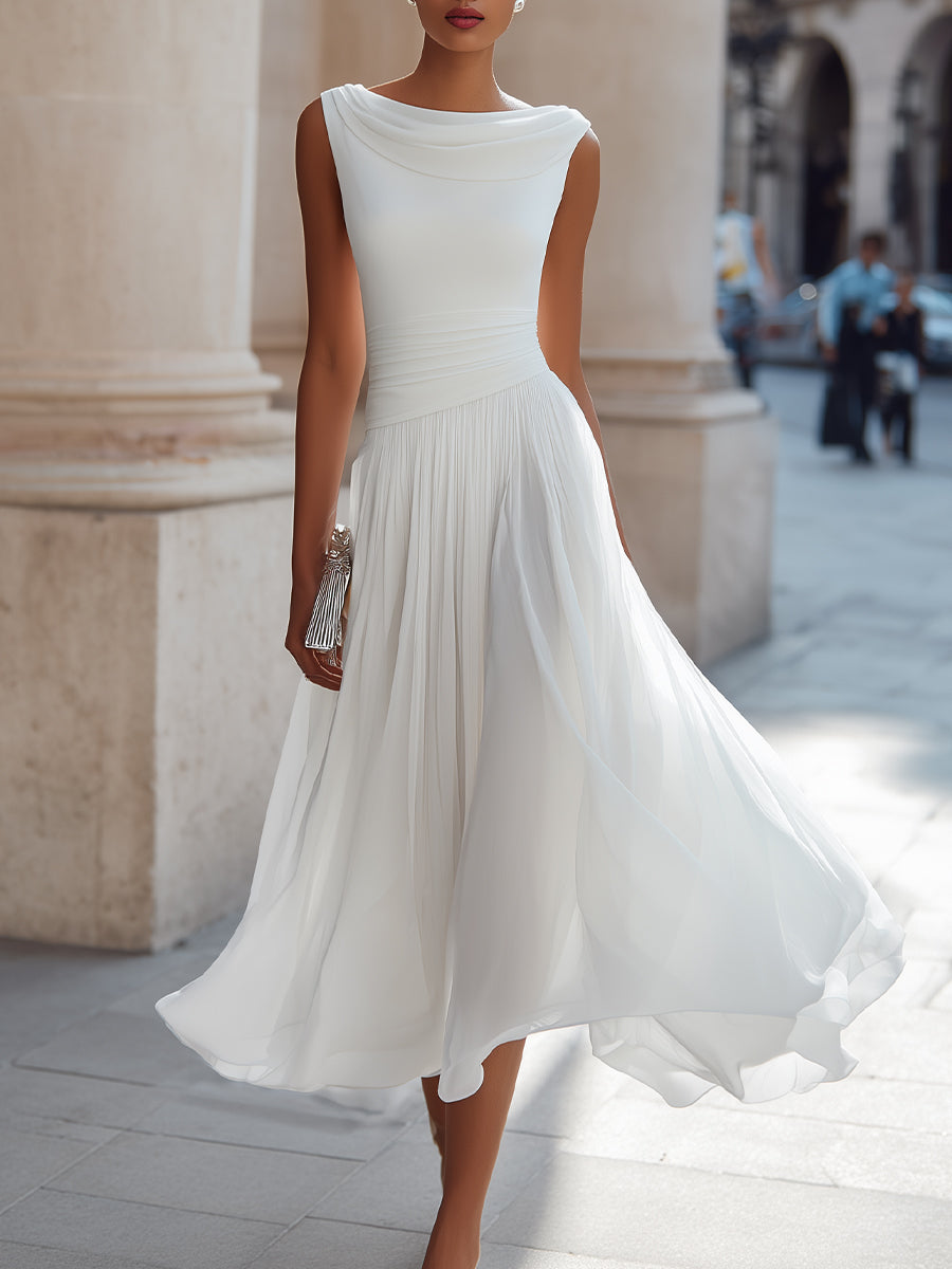 White Draped-Neck Midi Dress — Pleated Skirt