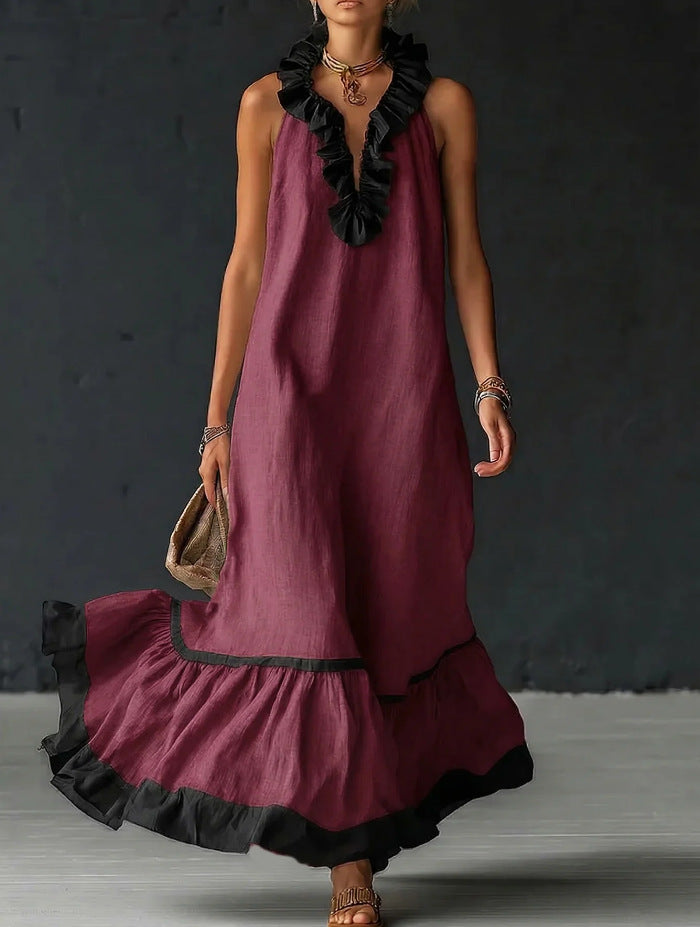 Sleeveless V-Neck Ruffle-Hem Maxi Dress