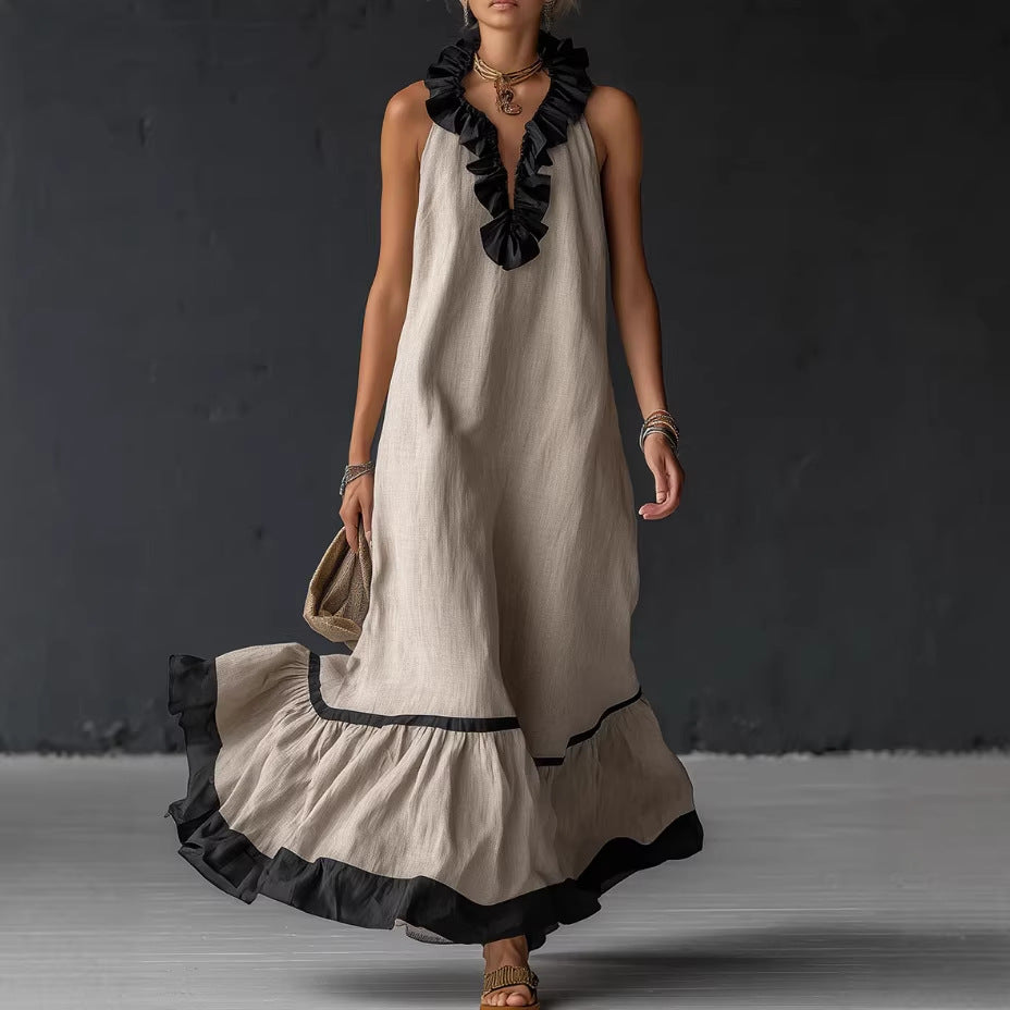 Sleeveless V-Neck Ruffle-Hem Maxi Dress