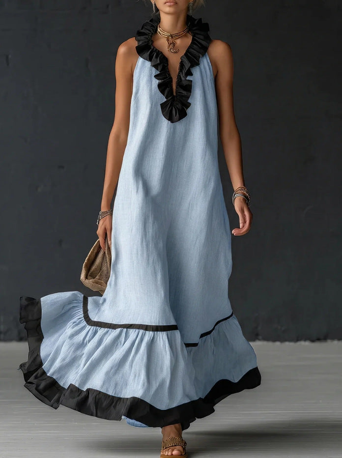 Sleeveless V-Neck Ruffle-Hem Maxi Dress