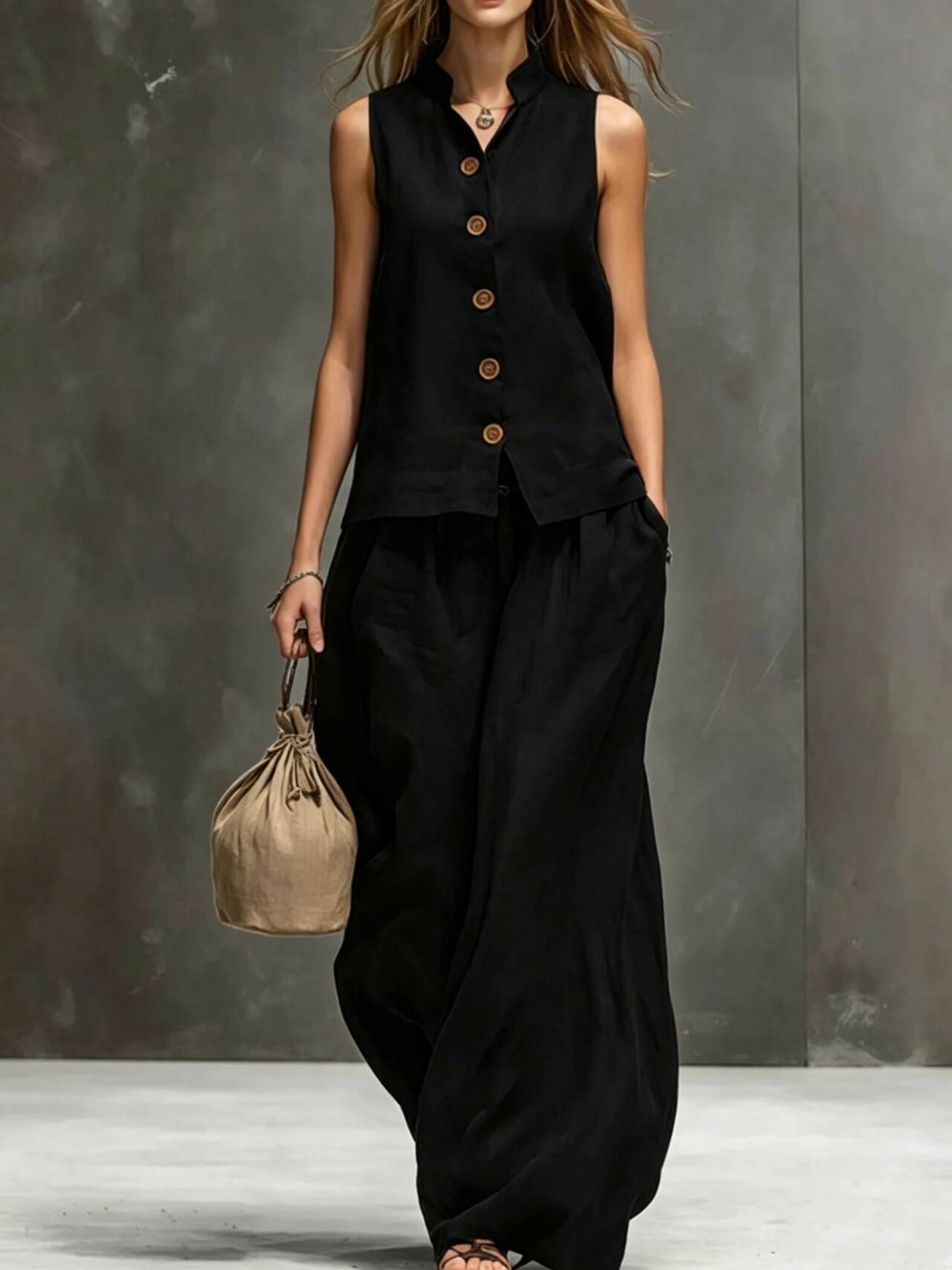 Elegant Cotton-Linen Women's Sleeveless Vest & Wide-Leg Matching Set | Effortless Co-Ord